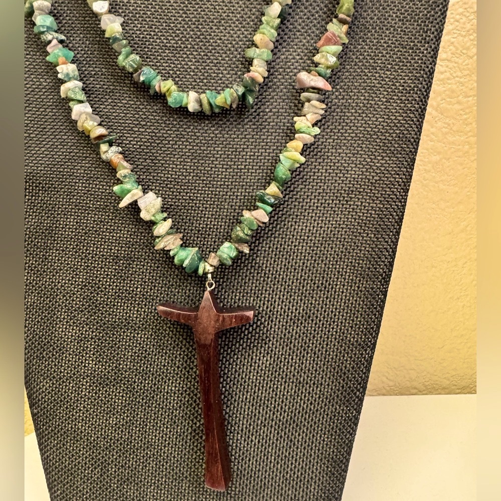 Natural Stone Necklace with Stylized Wooden Cross Pendant